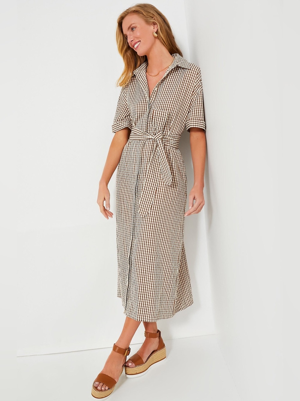 NWT POMANDER PLACE brown cream gingham cotton blend button up maxi shirt dress